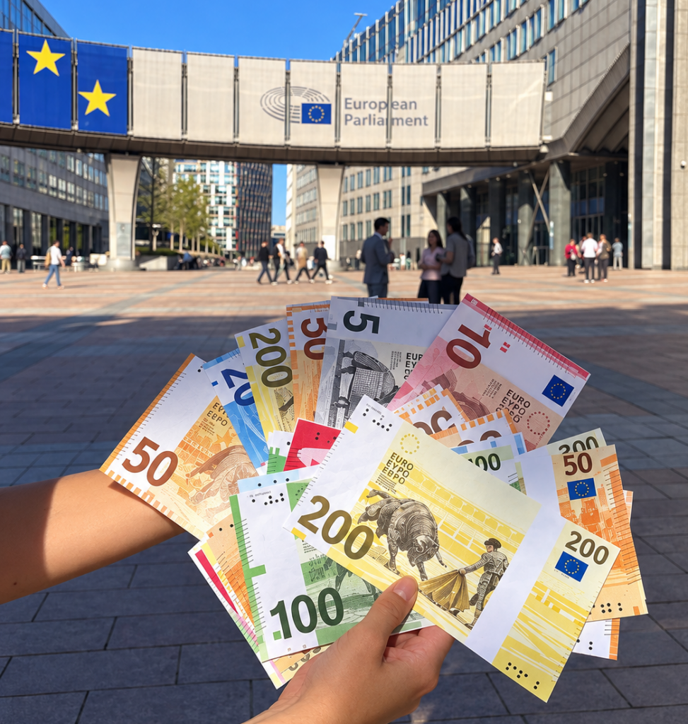 Niels Fuglsang knipte de verbinding tussen subsidies en stierenvechten door en verscheurde bankbiljetten met daarop afbeelden van stierenvechten en stierenfeesten | Foto: CAS International & WAP